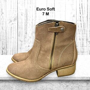 Euro Soft‎ Tan Suede Zip Almond Toe Low Block Heel Ankle Bootie Womens Size 7 M